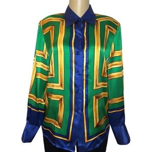 Vintage 80s Linda Allard Ellen Tracy Silk Tassel Print Blouse